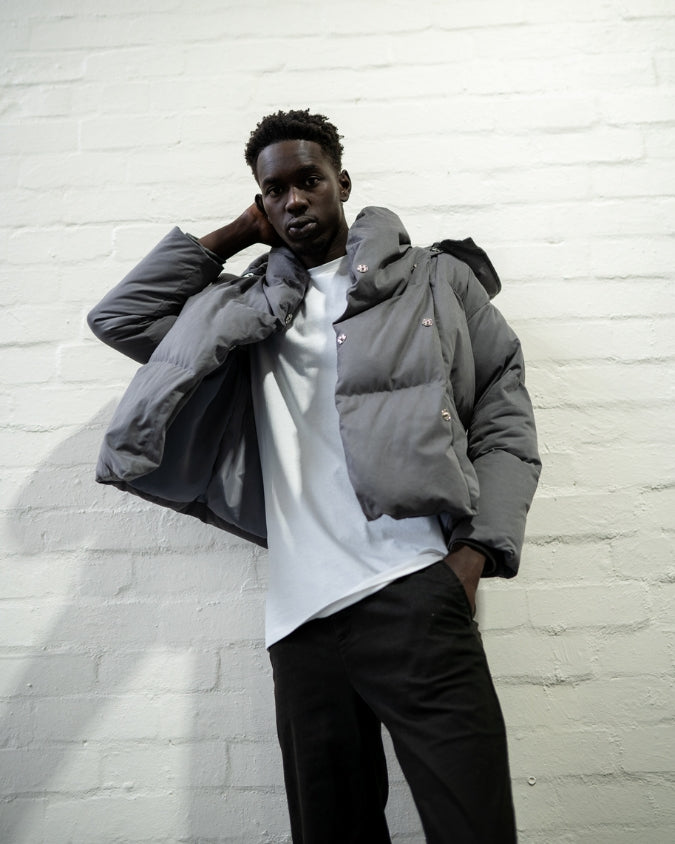 Australian Charcoal puffer jacket worn by male model