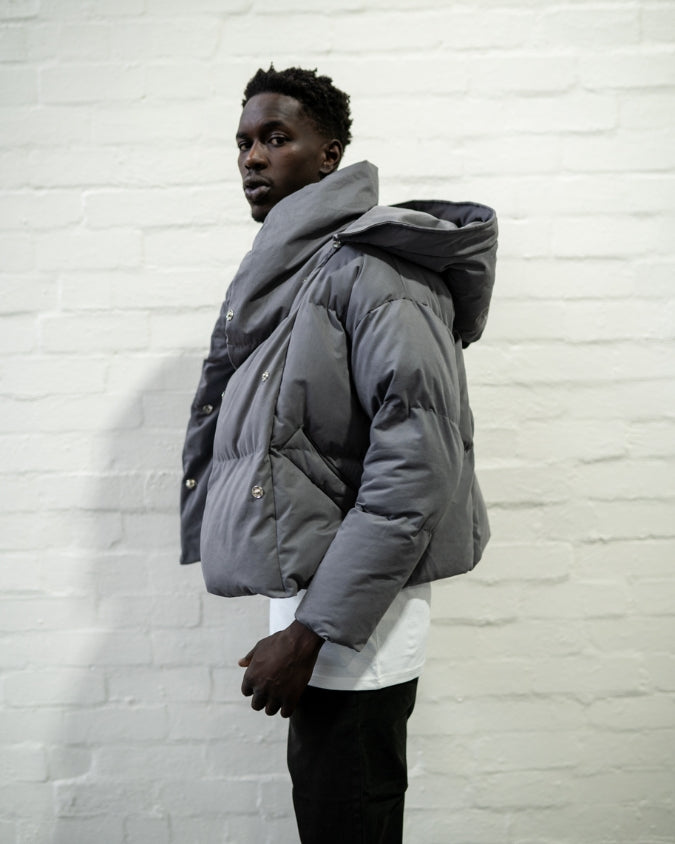 Australian Charcoal puffer jacket worn by male model side view