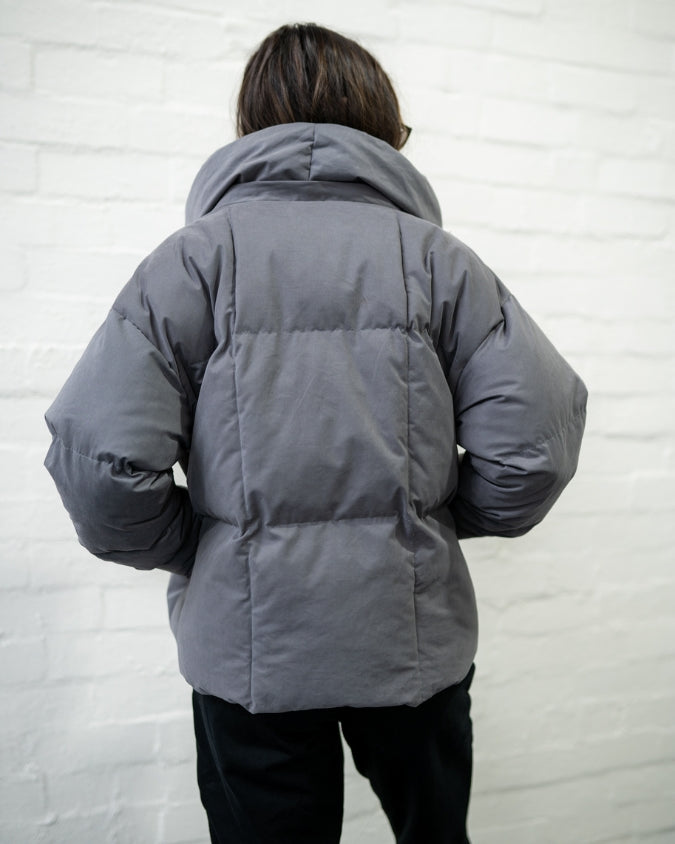 Australian Charcoal puffer jacket worn by female model back view