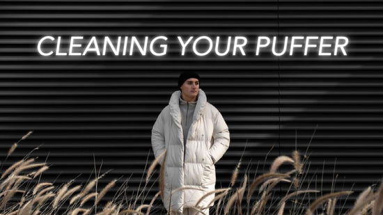 how to clean your puffer jacket without washing blog banner featuring stone longline puffer jacket