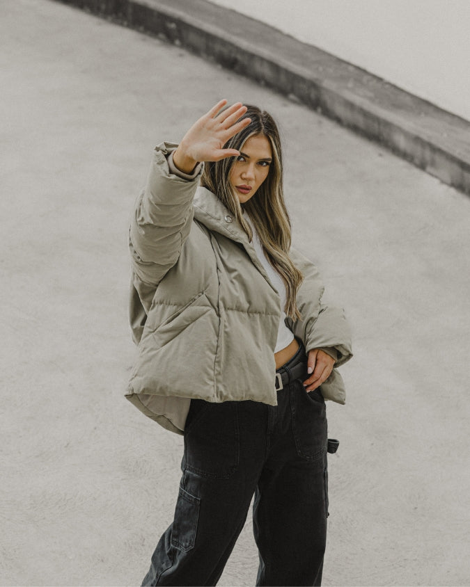 Australian Khaki puffer jacket worn by female model outdoor streetsyle