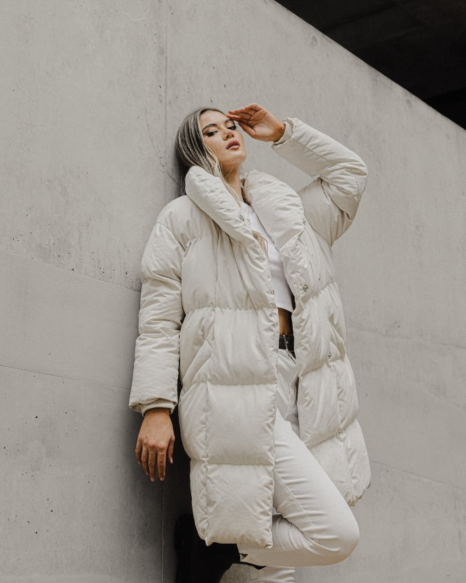 Australian Stone longline puffer jacket worn by female model outdoors